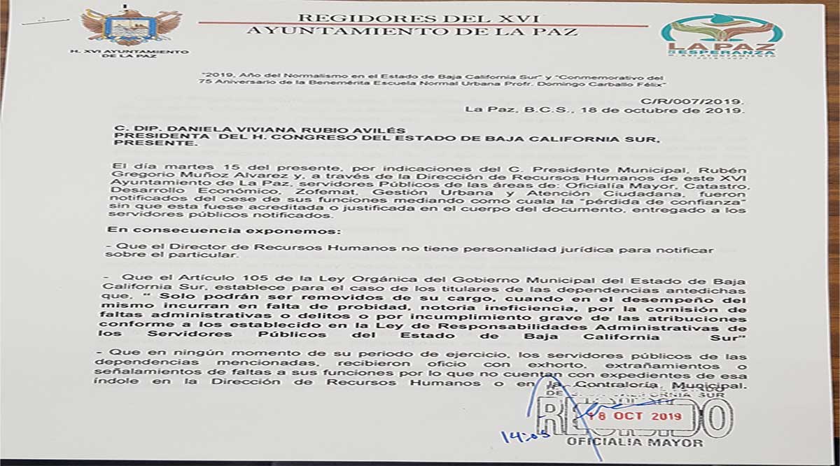 Acusan ex funcionarios del Ayuntamiento de La Paz presuntas violaciones a Ley Orgánica