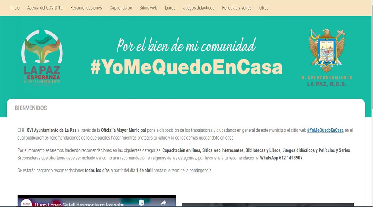 Lanza Ayuntamiento de La Paz portal con recomendaciones para cuarentena en casa
