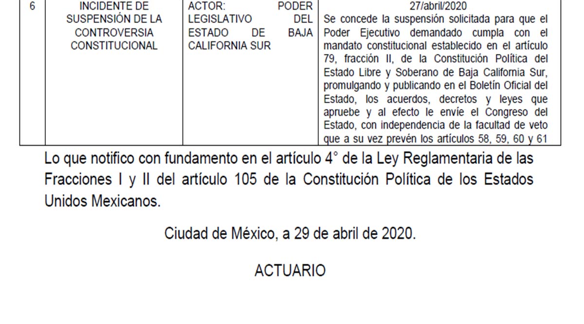 Concede SCJN suspensión de controversias constitucionales al Congreso de BCS