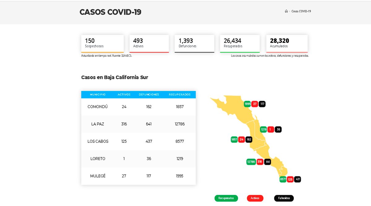 Confirman 31 casos activos de Covid-19 y 4 decesos; llega BCS a 493 y 1,393