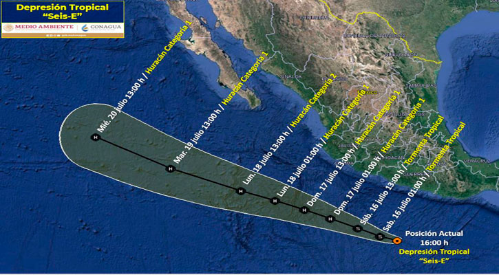 Se desplaza depresión tropical 6-E paralela a las costas del Pacífico