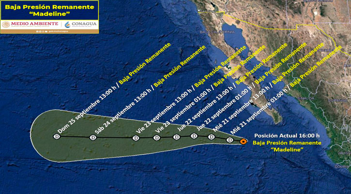 Se debilita “Madeline” a baja presión remanente; a 320 km de CSL