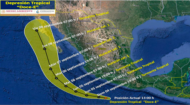 Mantiene la depresión tropical “12-E” su desplazamiento hacia el oeste