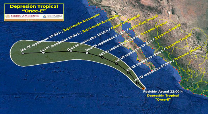 Se ubica la depresión tropical “11-E” a 385 km de CSL