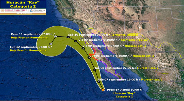 Se localiza el huracán “Kay” categoría 2 a 345 km de CSL