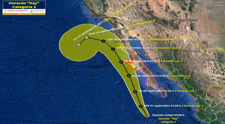 Se intensifica el huracán “Kay” a categoría 2; a 370 km de CSL