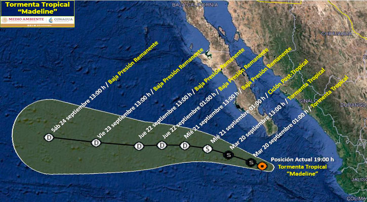 Se acerca a 215 km de CSL la tormenta tropical “Madeline”