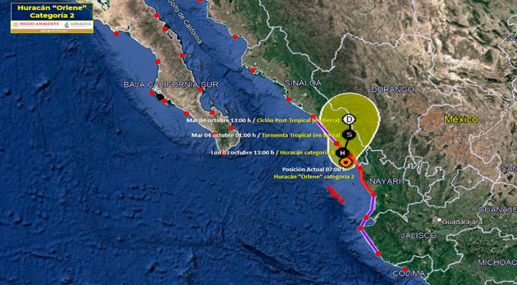 Se mantiene el huracán “Orlene” categoría 2 frente a costas de Nayarit y sur de Sinaloa