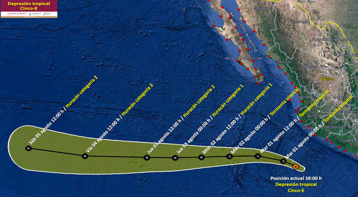 La depresión tropical 5-E se localiza frente costas de Colima y Michoacán