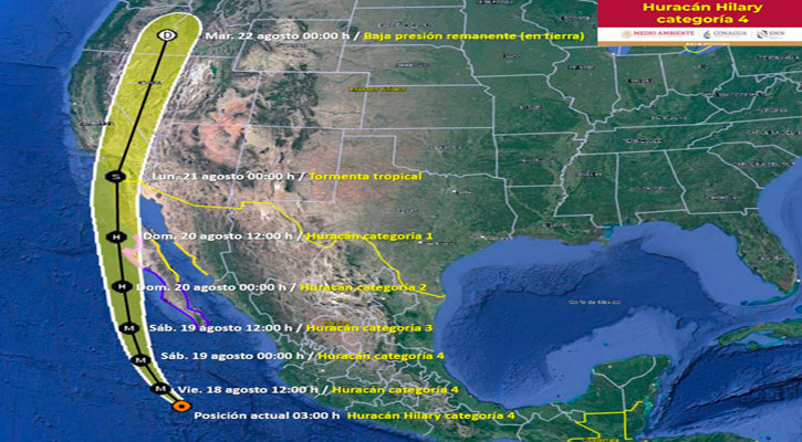 Se ubica el huracán “Hilary” categoría 4 a 640 km al sur de Cabo San Lucas
