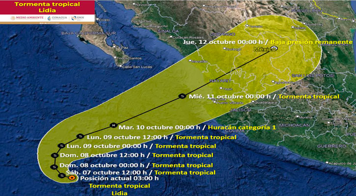 Lento desplazamiento de la tormenta tropical “Lidia” al sur de BCS