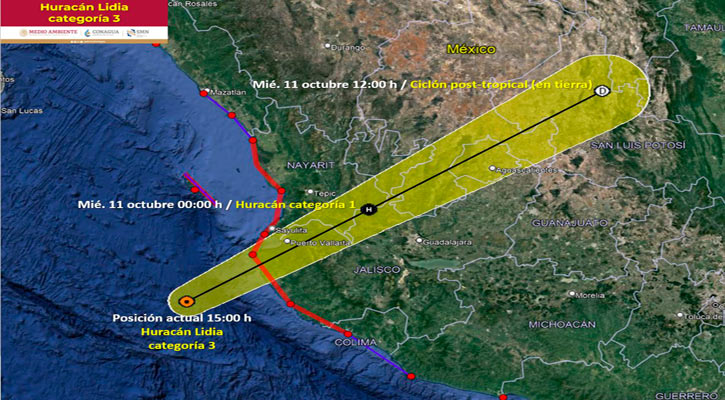 “Lidia” se mantiene como huracán categoría 3