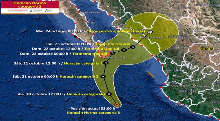 Disminuye ligeramente sus vientos el huracán “Norma” categoría 3 con trayectoria a BCS