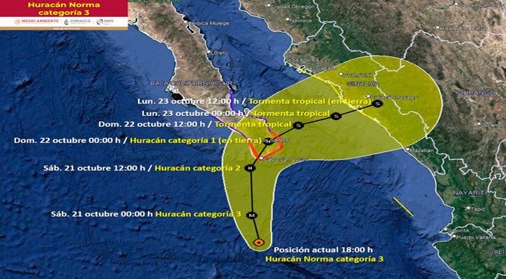 Se ubica “Norma” como huracán categoría 3 a 280 kilómetros de CSL