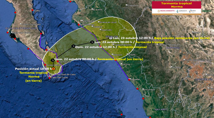 Se debilitó “Norma” a tormenta tropical; su centro se localiza en Los Barriles