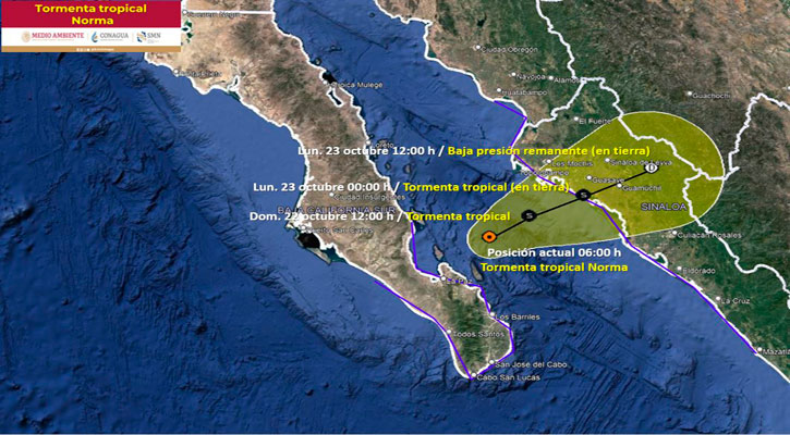 La tormenta tropical “Norma” mantiene su desplazamiento a Sinaloa; se aleja a 85 km de La Paz