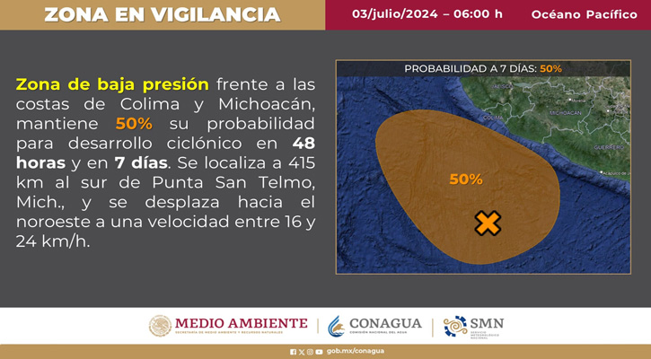 Mantiene zona de baja presión probabilidad del 50% de desarrollo ciclónico en el Pacífico