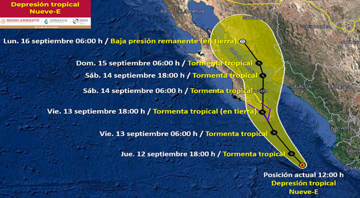 La depresión tropical 9-E se localiza frente a costas de Jalisco y a 445 km de CSL