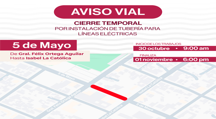 Anuncian cierre de vialidades por trabajos de instalación eléctrica en calles del Centro de La Paz