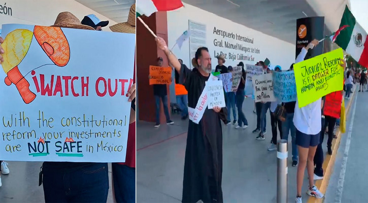 Trabajadores del PJF protestan contra la reforma judicial en el Aeropuerto de La Paz