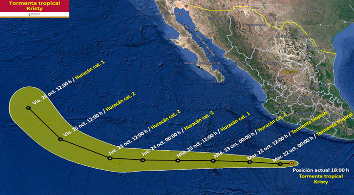 El centro de la tormenta tropical “Kristy” se localiza frente a costas de Guerrero y Michoacán