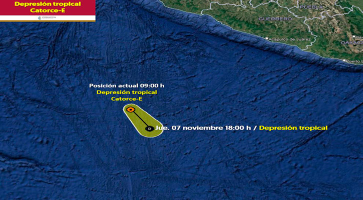 Se desplaza la depresión tropical 14-E en el Pacífico, sin afectar el territorio mexicano