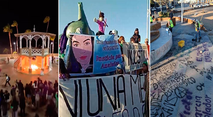 Reclaman mujeres respuestas y justicias a las autoridades; prenden fuego en el kiosco del malecón